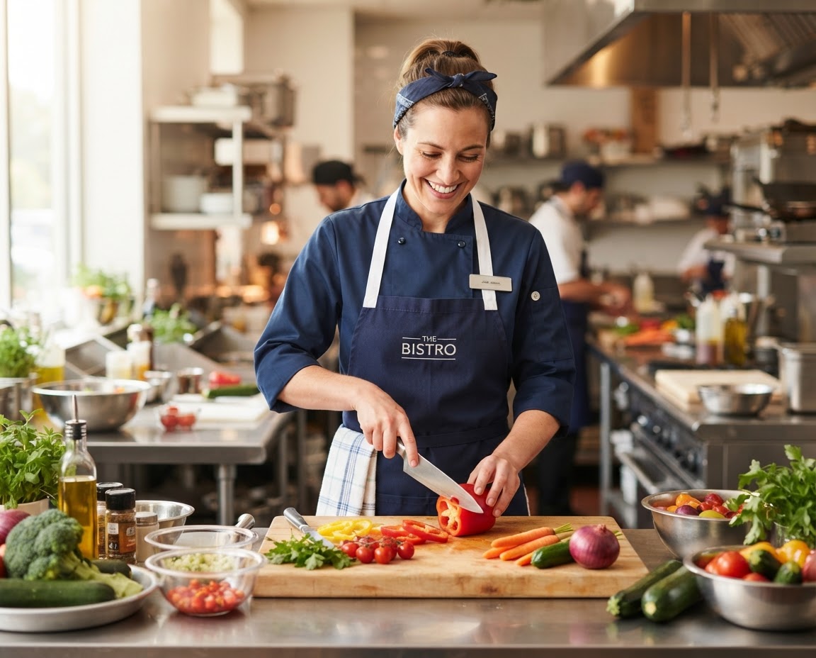 A chef preparing fresh vegetables in a restaurant kitchen