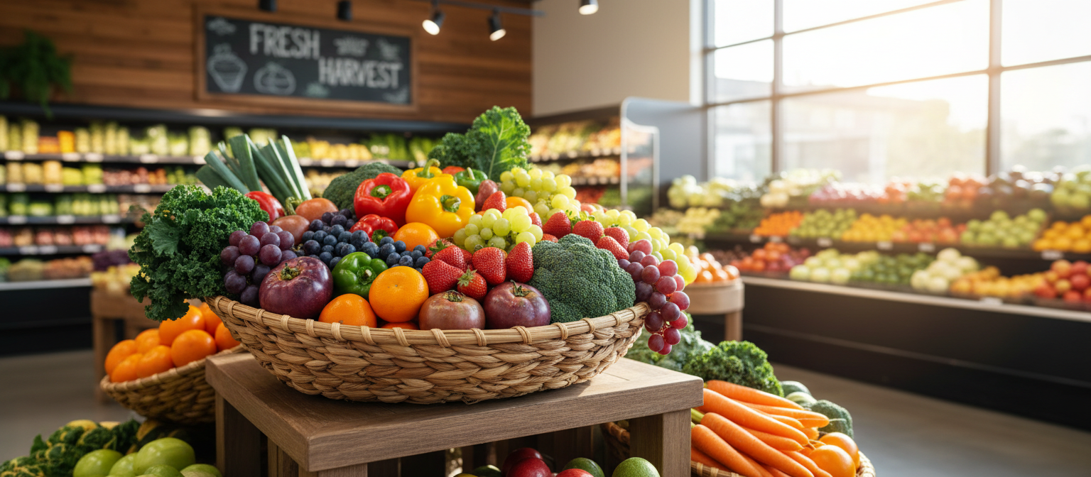 Colorful fresh fruit and vegetables at a local grocer