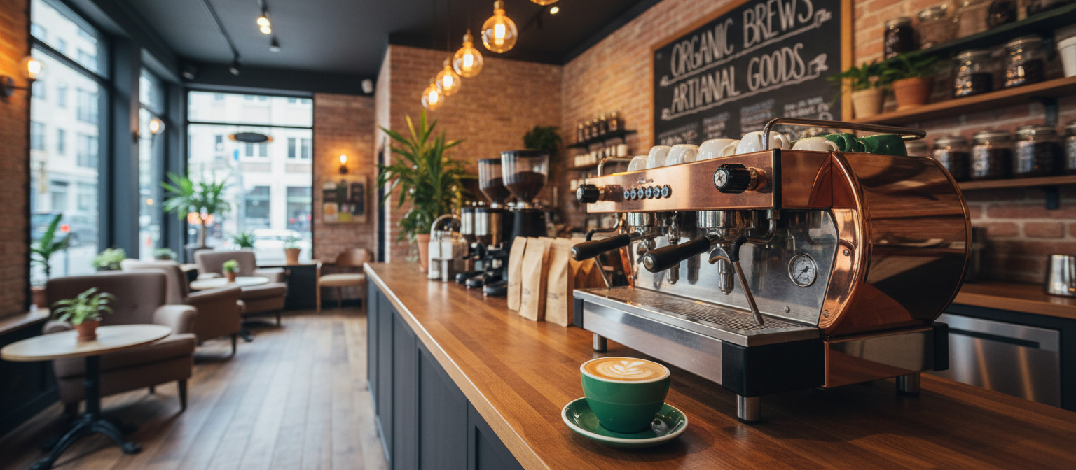 A welcoming café with a pastry counter and green coffee cups